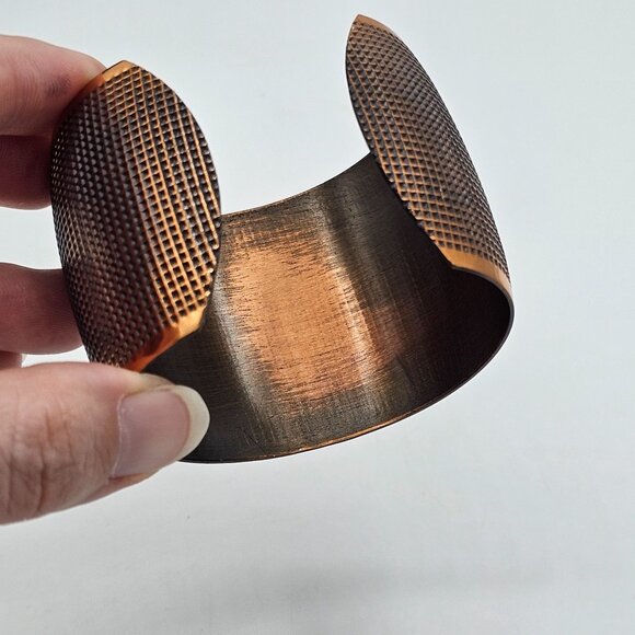 Textured Grid Solid Copper Wide Open Cuff Chunky Bracelet Adjustable - Picture 2 of 10